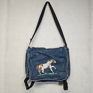 Vintage Denim Crossbody Messenger Bag Embroidered Pinto Paint Horse Western Y2K